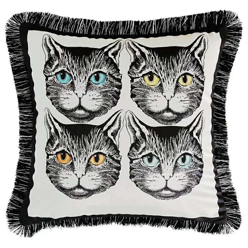 Декоративная подушка с вышивкой Cтиль Gucci Four Cats White Черно-белый Декоративная подушка с вышивкой Cтиль Gucci Four Cats White Черно-белый в Липецке | Loft Concept