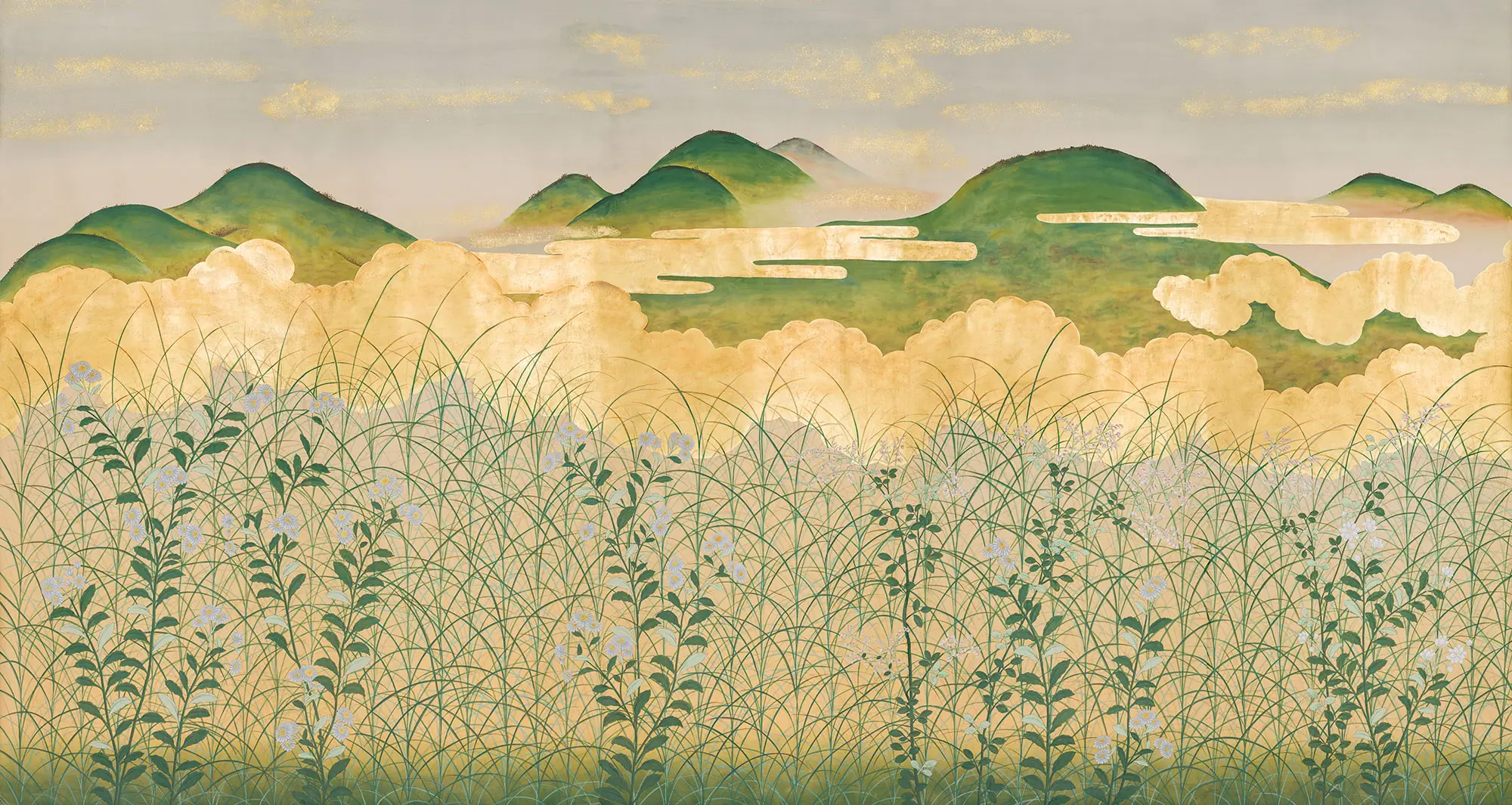 Обои ручная роспись The Plain of Musashi Original colourway on painted Xuan paper with gold ombre Обои ручная роспись The Plain of Musashi Original colourway on painted Xuan paper with gold ombre - постер Loft-Concept в Липецке