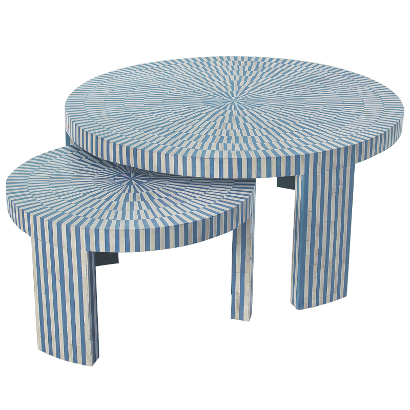 Комплект журнальных столов с инкрустацией Stripes Set of two tables blue Белый Голубой в Липецке | Loft Concept 