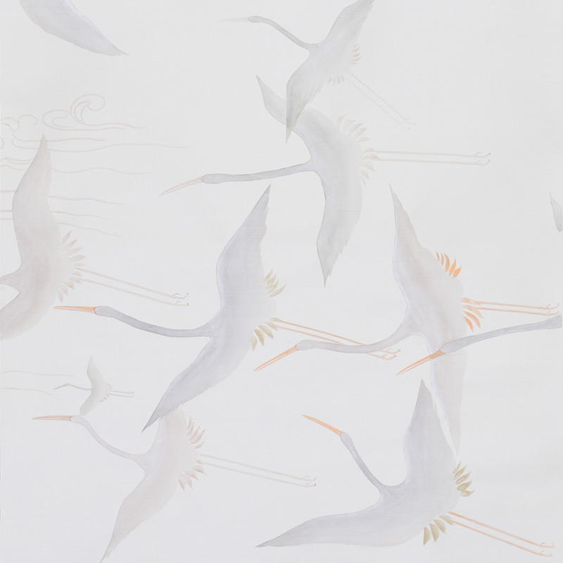 Обои ручная роспись Cranes Scroll Original colourway on Natural Mica metallic silk Обои ручная роспись Cranes Scroll Original colourway on Natural Mica metallic silk в Липецке | Loft Concept