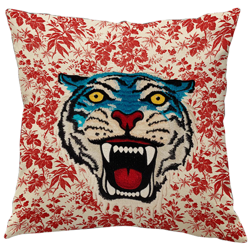 Декоративная подушка Стиль Gucci Blue Tiger Красный Бежевый Голубой Мульти Декоративная подушка Стиль Gucci Blue Tiger Красный Бежевый Голубой Мульти в Липецке | Loft Concept