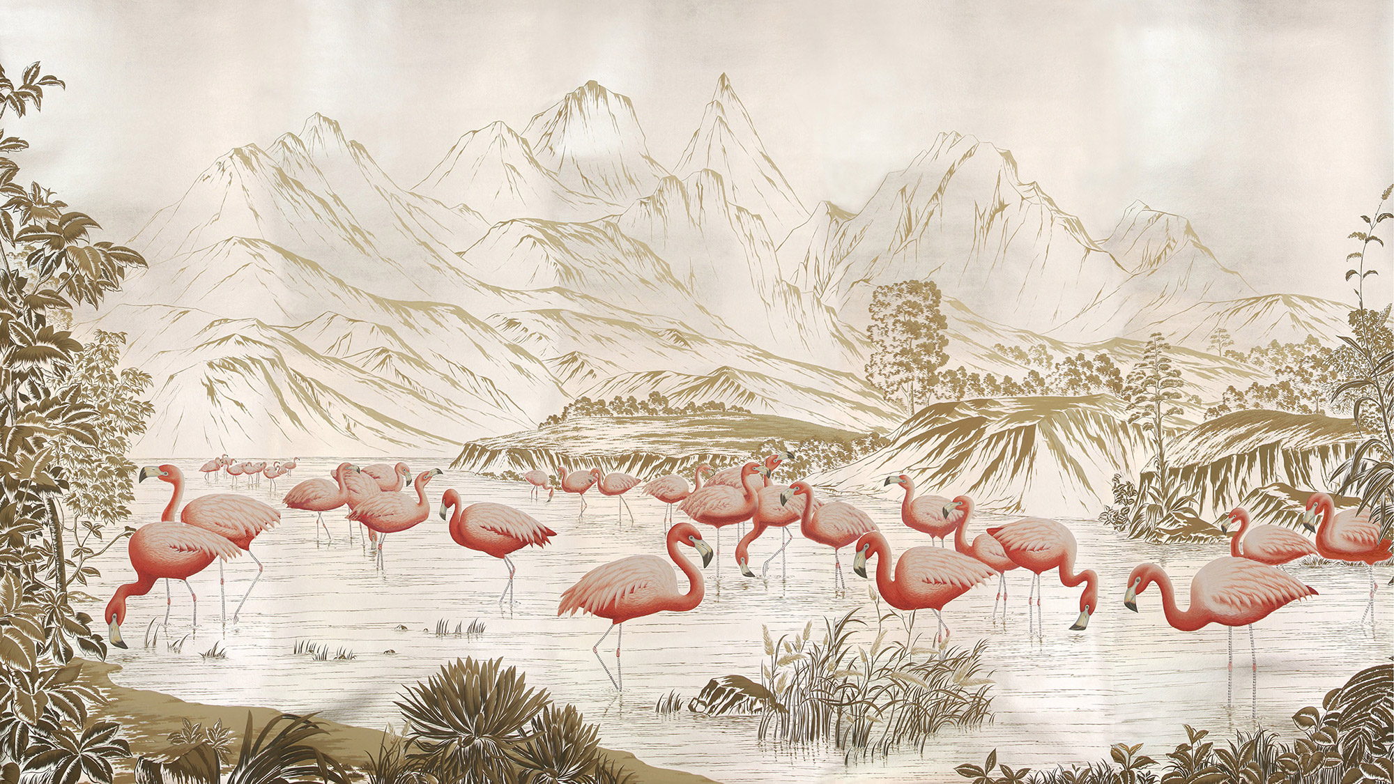 Обои ручная роспись Flamingos Flamingo on Tarnished Silver gilded Xuan paper Обои ручная роспись Flamingos Flamingo on Tarnished Silver gilded Xuan paper - постер Loft-Concept в Липецке