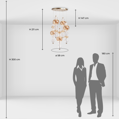 Люстра с плафонами из прозрачного и янтарного стекла в виде шаров и ромбов Gabriel Scott Luna в Липецке