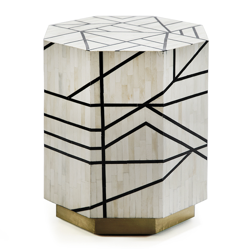 Приставной столик с инкрустацией Black and White Geometry bone bedside table ivory ( слоновая кость ) Черный в Липецке | Loft Concept 