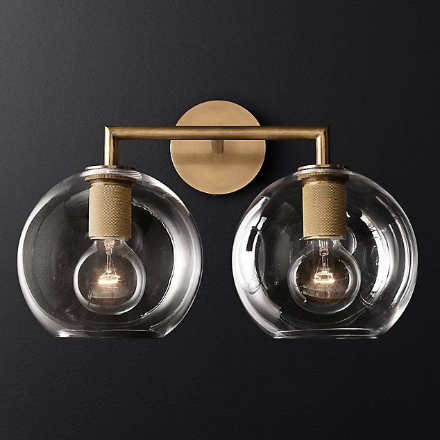 Бра RH Utilitaire Globe Shade Double Sconce Brass Прозрачное Стекло Латунь Бра RH Utilitaire Globe Shade Double Sconce Brass Прозрачное Стекло Латунь в Липецке | Loft Concept