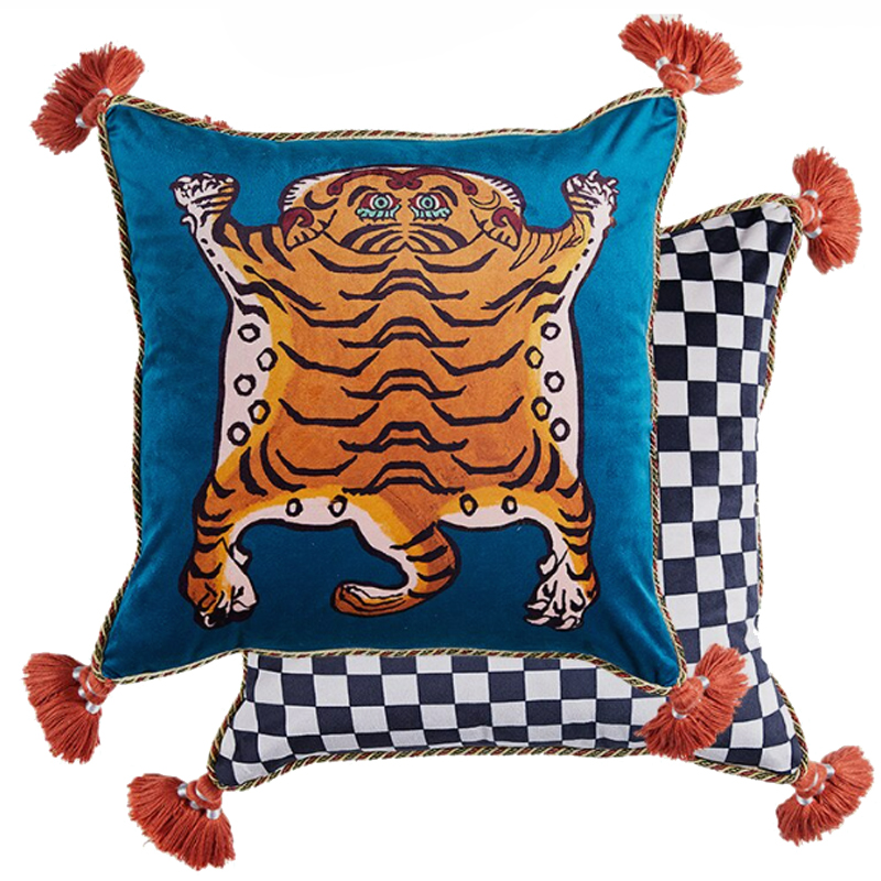 Синяя Подушка Тибетский Тигр TIBETAN TIGER Бежевый Синий Синяя Подушка Тибетский Тигр TIBETAN TIGER Бежевый Синий в Липецке | Loft Concept