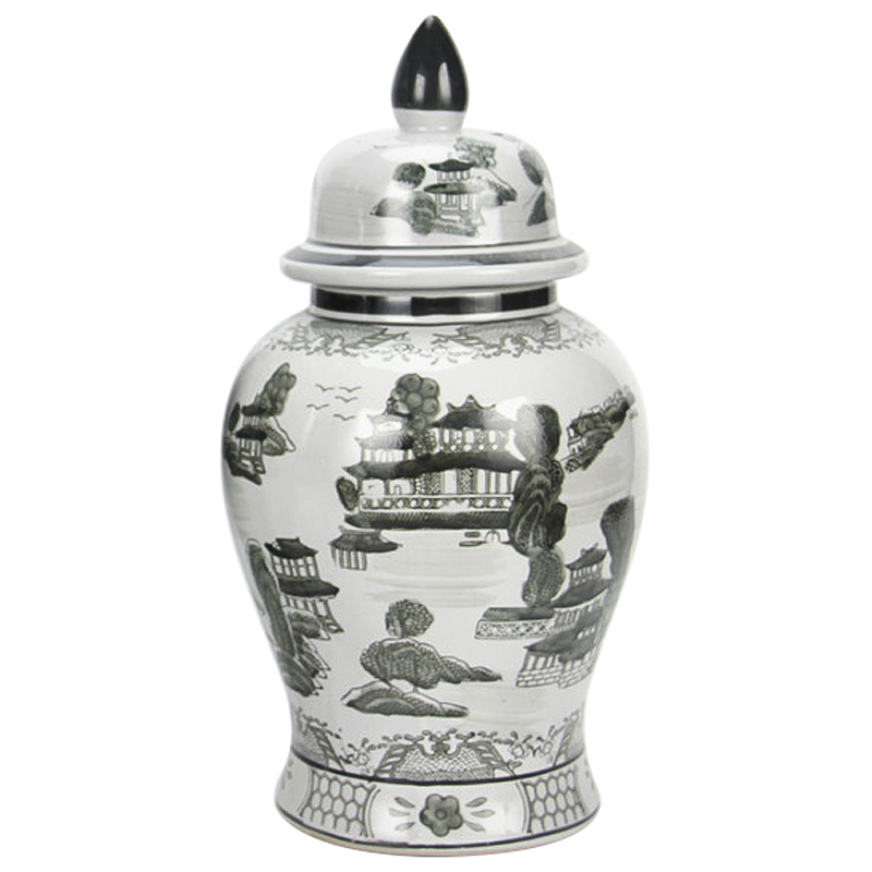 Ваза с крышкой Chinoiserie Ceramics Village Vase Серый Белый Ваза с крышкой Chinoiserie Ceramics Village Vase Серый Белый в Липецке | Loft Concept