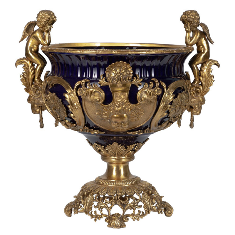 Чаша темно-синего цвета с фигурками ангелов и рельефным декором Eden Garden porcelain and bronze Темно-синий Бронза в Липецке | Loft Concept 
