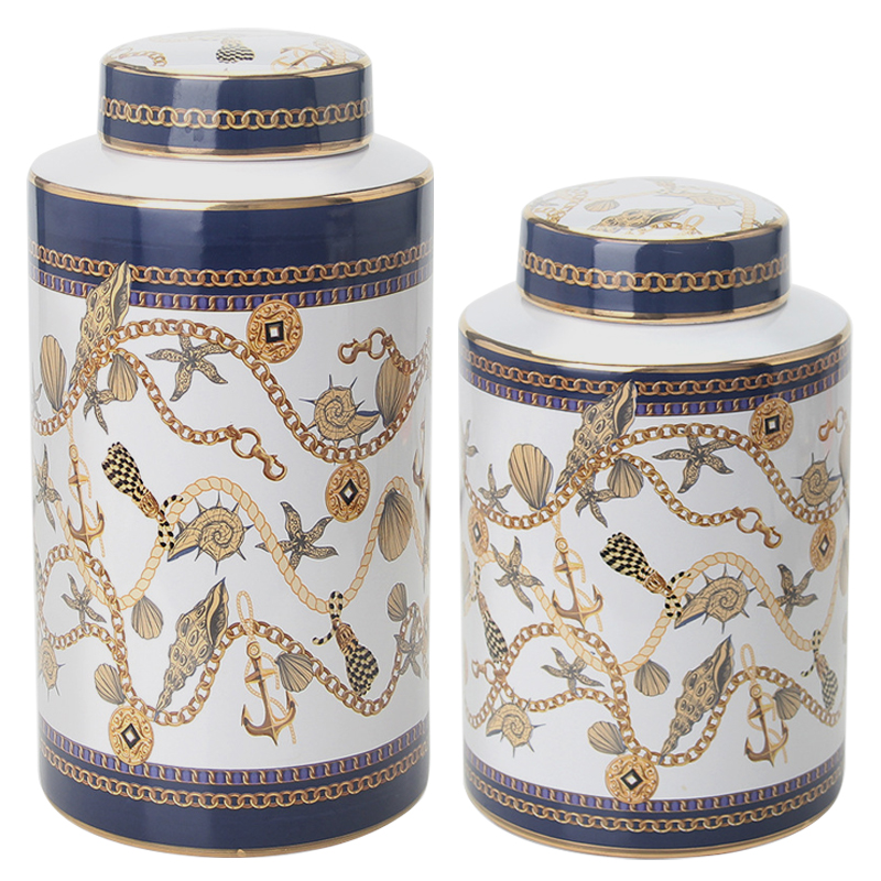Ваза с крышкой Marine Motif Vase Белый Синий Золотой Бежевый Ваза с крышкой Marine Motif Vase Белый Синий Золотой Бежевый в Липецке | Loft Concept