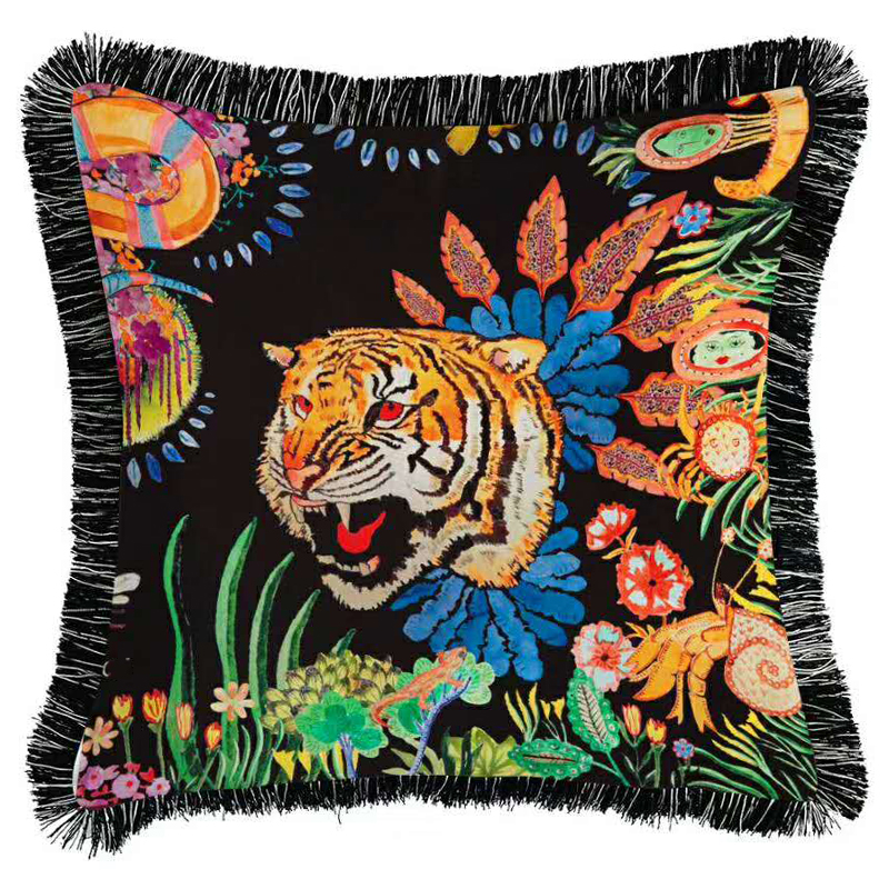 Декоративная подушка Cтиль Gucci Flower Tiger Черный Мульти Декоративная подушка Cтиль Gucci Flower Tiger Черный Мульти в Липецке | Loft Concept
