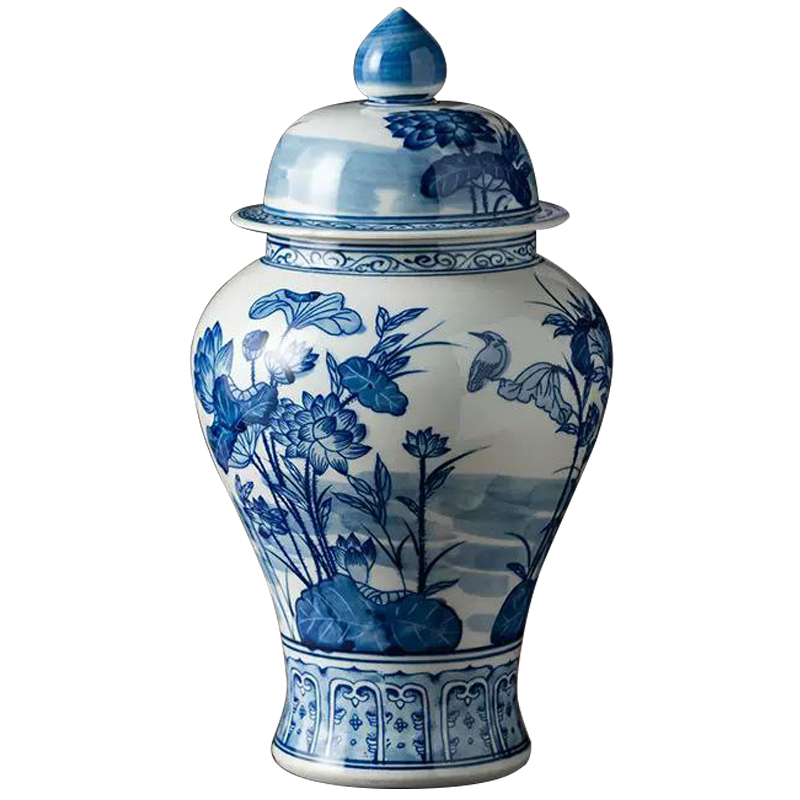 Ваза с крышкой Ceramic Blue Flowers and Bird Vase Белый Синий Ваза с крышкой Ceramic Blue Flowers and Bird Vase Белый Синий в Липецке | Loft Concept