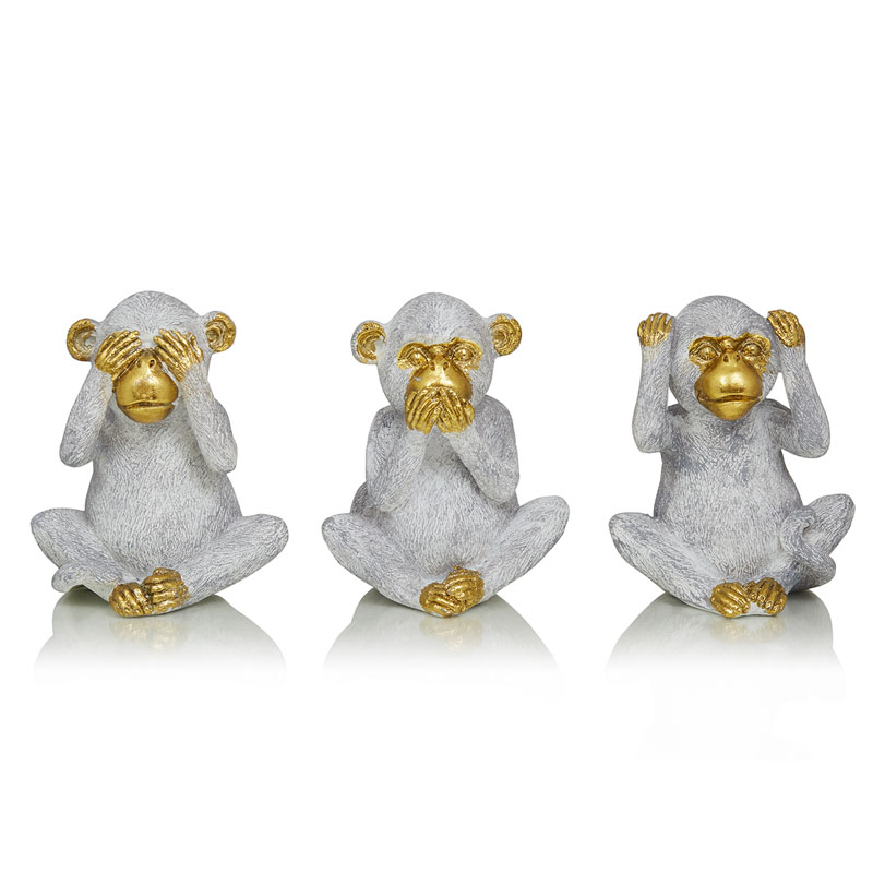 Комплект из 3-х статуэток Three Monkeys Серый Золотой Комплект из 3-х статуэток Three Monkeys Серый Золотой в Липецке | Loft Concept