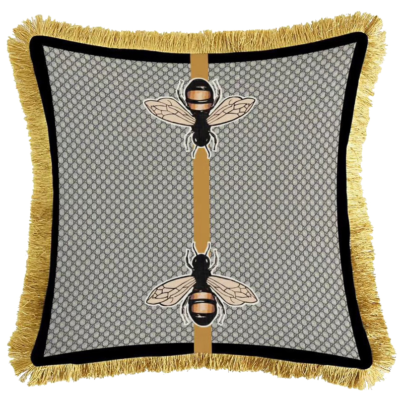 Декоративная подушка Cтиль Gucci Two Bees Серый Золотой Горчичный в Липецке | Loft Concept 