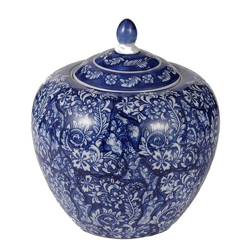 Ваза округлой формы с синей росписью и цветочным узором Blue & White Ornament Белый Синий Ваза округлой формы с синей росписью и цветочным узором Blue & White Ornament Белый Синий в Липецке | Loft Concept