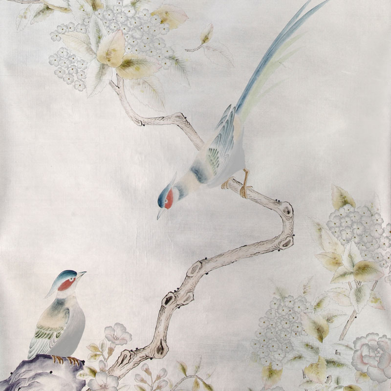 Обои ручная роспись Japanese Garden Special Colourway on Ocean Silver gilded silk Обои ручная роспись Japanese Garden Special Colourway on Ocean Silver gilded silk в Липецке | Loft Concept