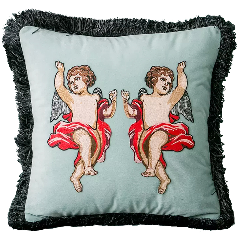Декоративная подушка с вышивкой Стиль Gucci Angels Cushion Мятный Серый Бежевый Красный Декоративная подушка с вышивкой Стиль Gucci Angels Cushion Мятный Серый Бежевый Красный в Липецке | Loft Concept