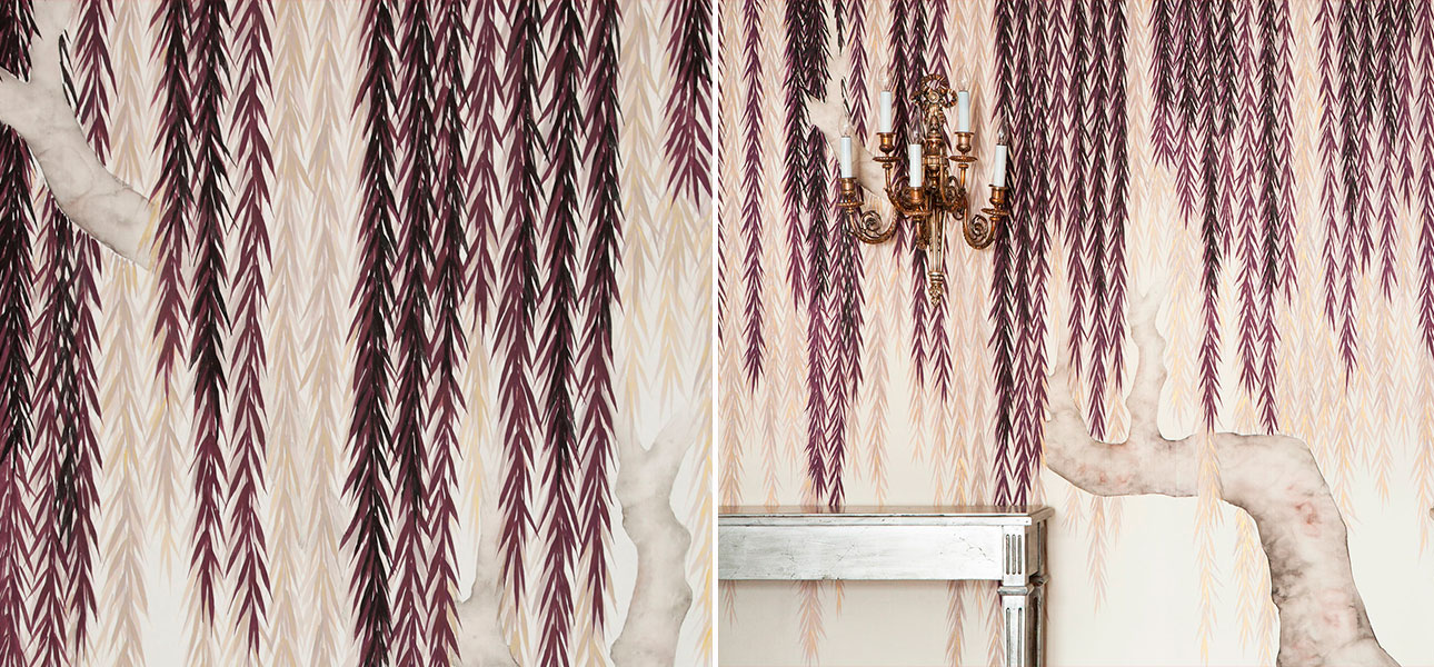 Обои ручная роспись Willow Boysenberry on Bleached White dyed silk - фото