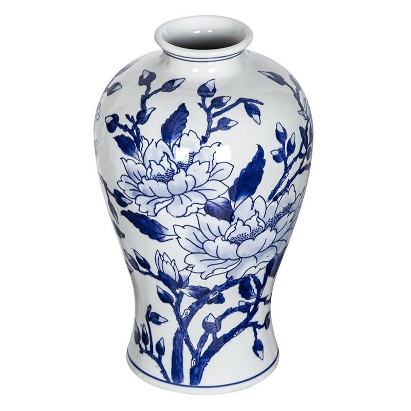 Ваза с бело-синей росписью и изображением цветов Blue & White Ornament Белый Синий в Липецке | Loft Concept 