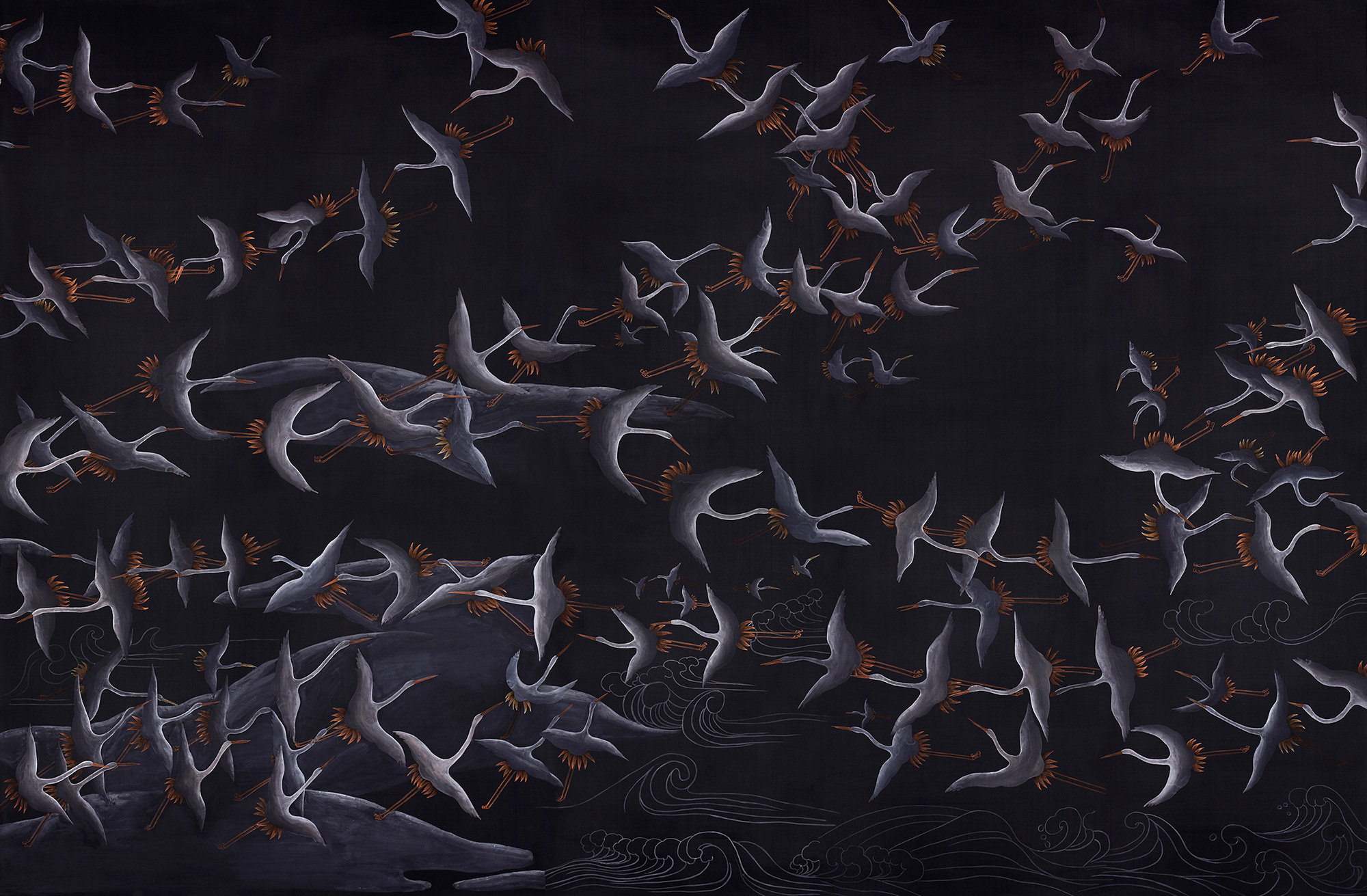 Обои ручная роспись Cranes Scroll Limewash on Pitch dyed silk Обои ручная роспись Cranes Scroll Limewash on Pitch dyed silk - постер Loft-Concept в Липецке