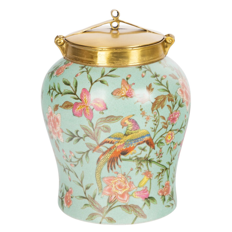 Ваза округлой формы из фарфора с рисунком и бронзовой крышкой Turquoise Blooming Garden Мульти Бронза Бирюзовый Ваза округлой формы из фарфора с рисунком и бронзовой крышкой Turquoise Blooming Garden Мульти Бронза Бирюзовый в Липецке | Loft Concept