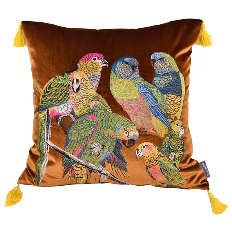 Декоративная подушка с вышивкой Embroidery Parrots Pillow Brown Коричневый Мульти Декоративная подушка с вышивкой Embroidery Parrots Pillow Brown Коричневый Мульти в Липецке | Loft Concept
