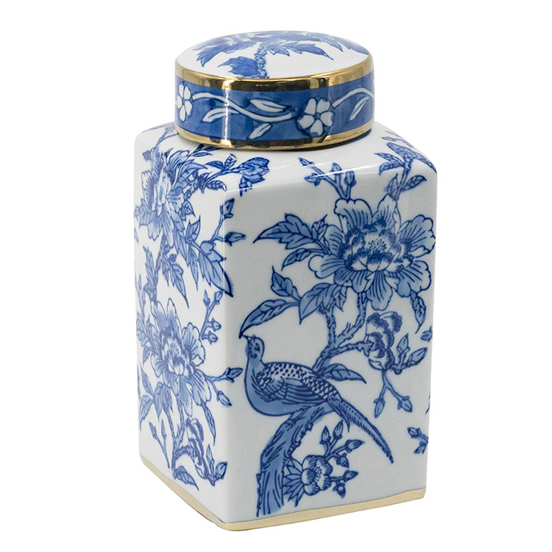 Ваза с крышкой Bird & Flowers Oriental Ornament Глянцевое золото Белый Синий Ваза с крышкой Bird & Flowers Oriental Ornament Глянцевое золото Белый Синий в Липецке | Loft Concept