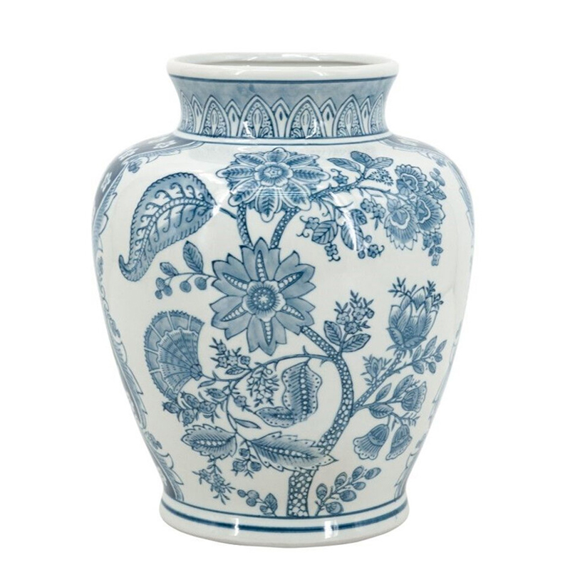 Ваза округлой формы белого цвета с синим растительным узором Blue & White Ornament  Белый Синий в Липецке | Loft Concept 