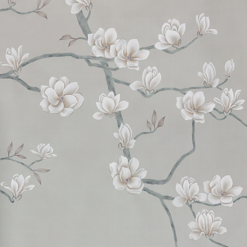 Обои ручная роспись Magnolia Canopy Original Colourway on Oyster Shell metallic silk Обои ручная роспись Magnolia Canopy Original Colourway on Oyster Shell metallic silk в Липецке | Loft Concept