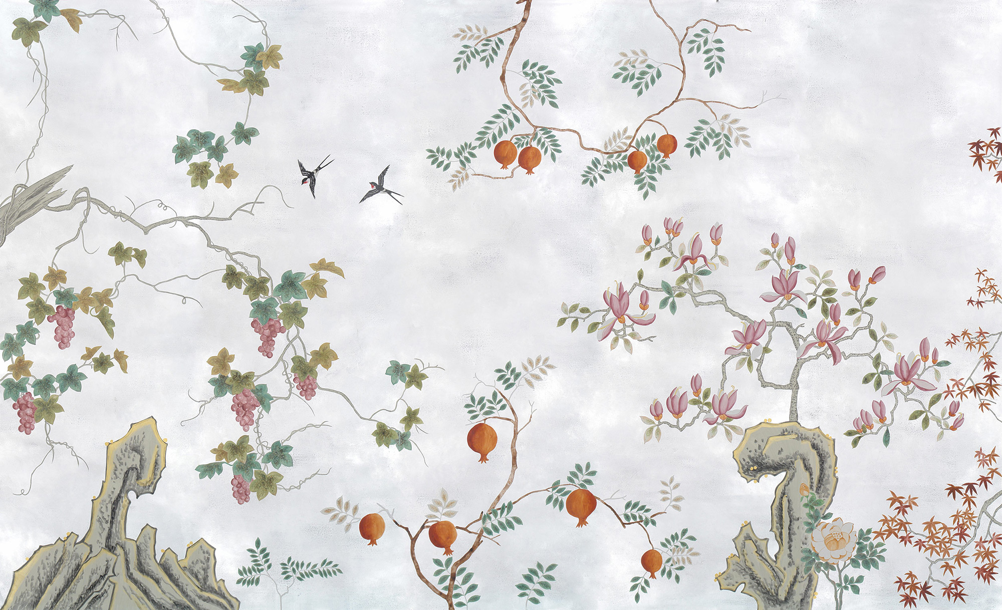 Обои ручная роспись Summer Night Blossom Original colourway on Ocean Silver gilded paper Обои ручная роспись Summer Night Blossom Original colourway on Ocean Silver gilded paper - постер Loft-Concept в Липецке