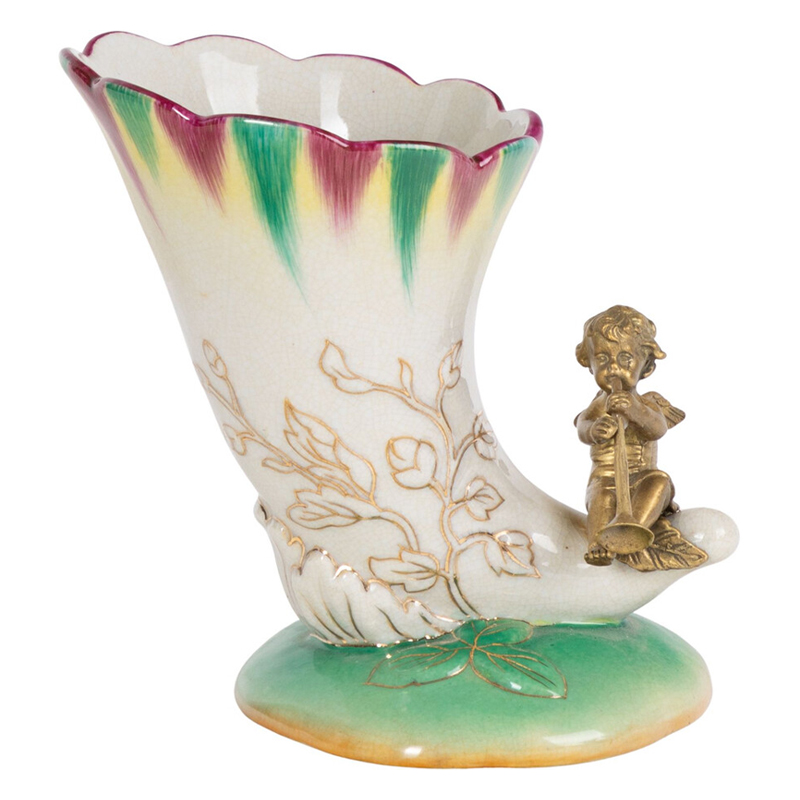 Ваза из фарфора с бронзовой фигуркой ангела Eden Garden porcelain and bronze Зеленый Бронза Белый Ваза из фарфора с бронзовой фигуркой ангела Eden Garden porcelain and bronze Зеленый Бронза Белый в Липецке | Loft Concept