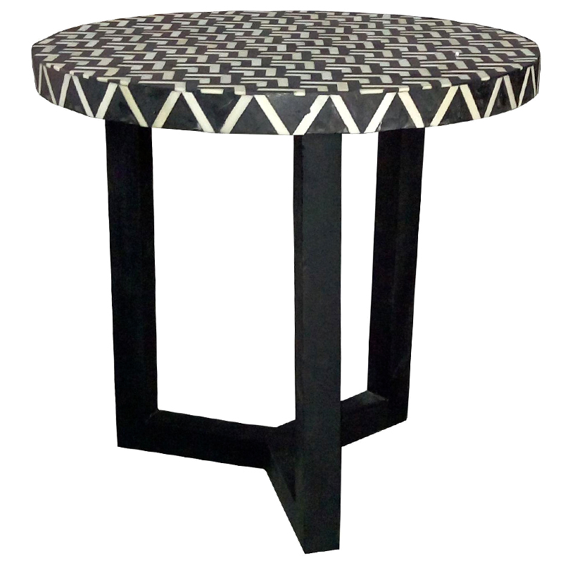 Круглый приставной столик Bone Inlay Zigzag Белый Черный Круглый приставной столик Bone Inlay Zigzag Белый Черный в Липецке | Loft Concept