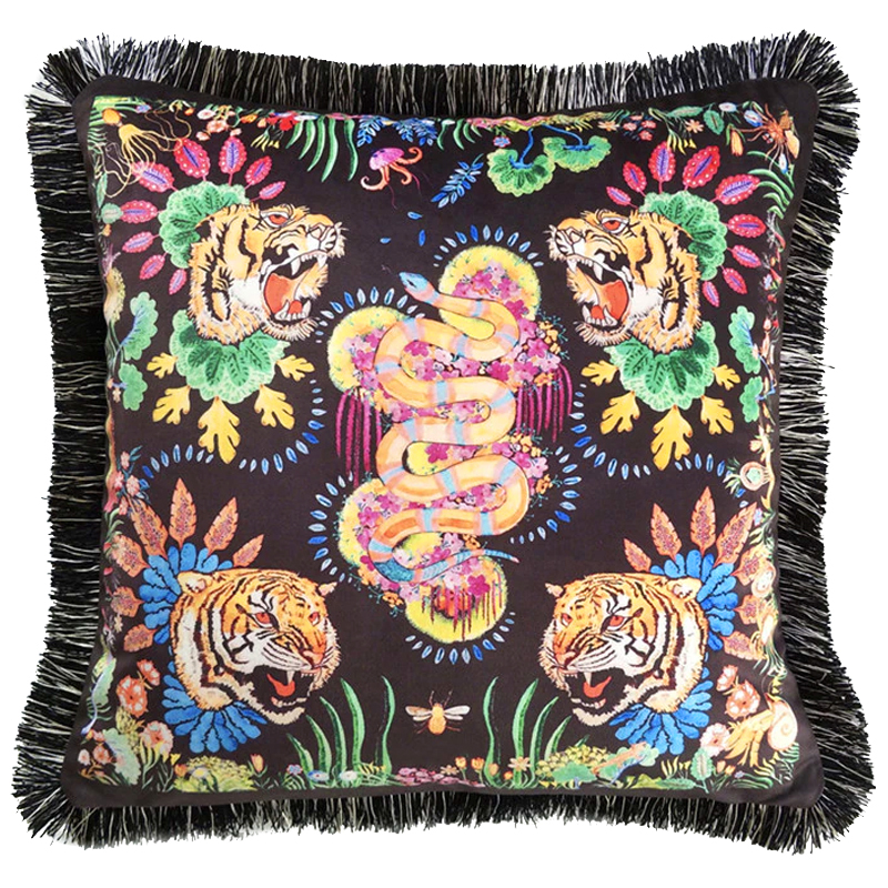Декоративная подушка Cтиль Gucci Four Tigers and Micrurus Мульти Черный Декоративная подушка Cтиль Gucci Four Tigers and Micrurus Мульти Черный в Липецке | Loft Concept