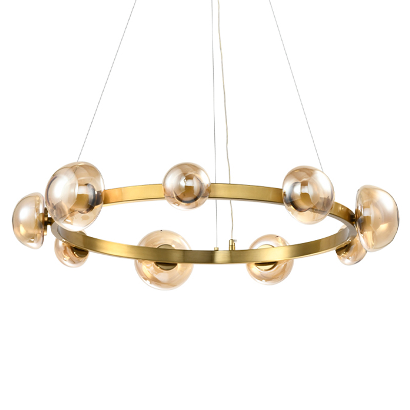 Люстра подвесная светодиодная с 9-ю круглыми плафонами коньячного цвета Iona Chandelier Brass Латунь Люстра подвесная светодиодная с 9-ю круглыми плафонами коньячного цвета Iona Chandelier Brass Латунь в Липецке | Loft Concept