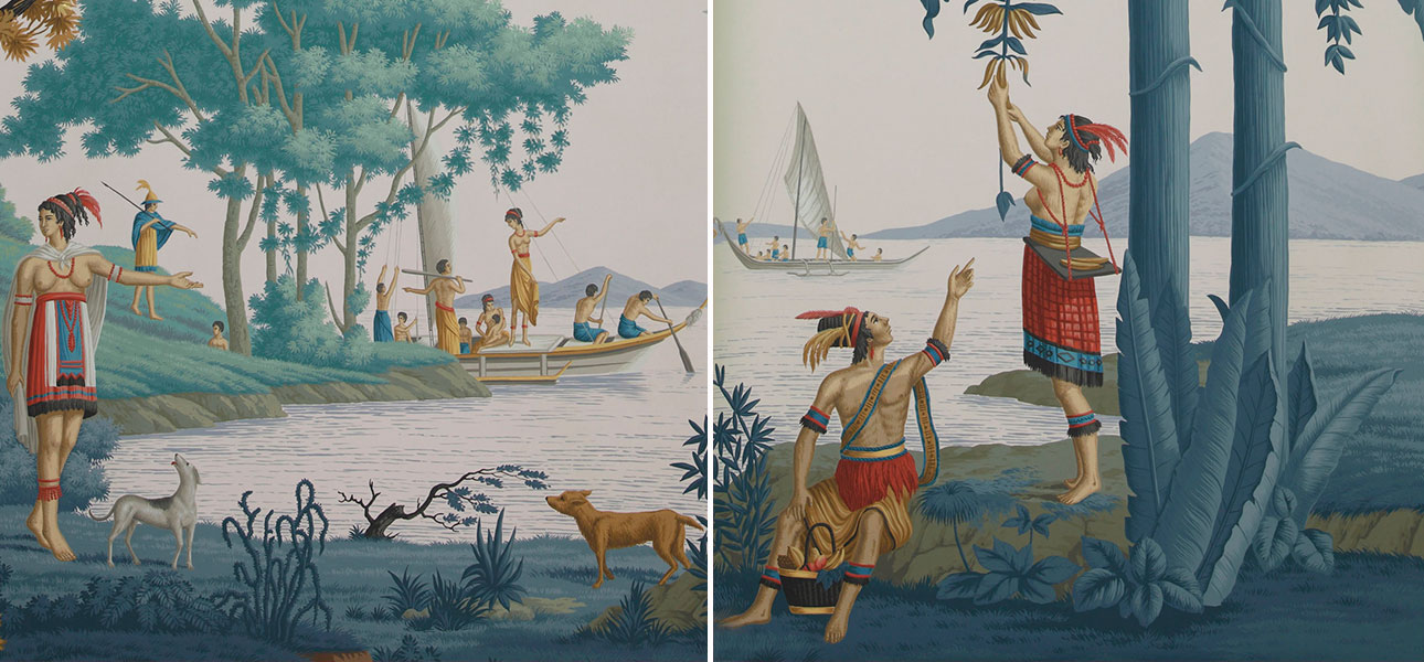 Обои ручная роспись Les Sauvages de la Mer Pacifique Special Colourway on Lilac Mica metallic silk - фото