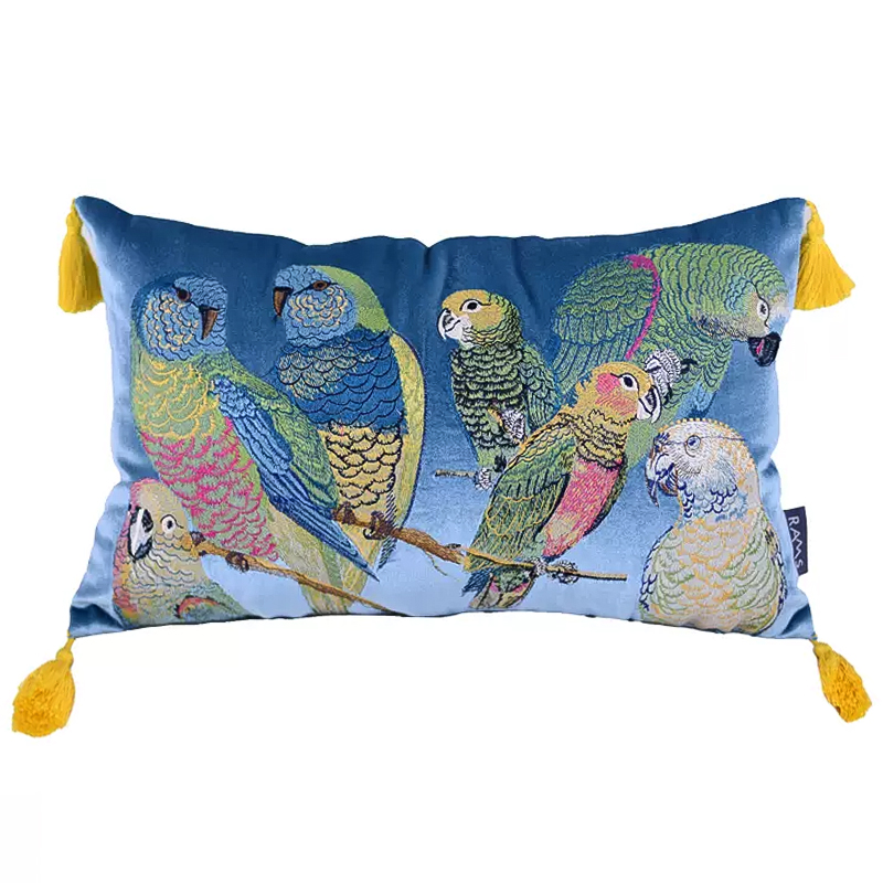Декоративная подушка с вышивкой Embroidery Parrots Long Pillow Blue Голубой Мульти в Липецке | Loft Concept 