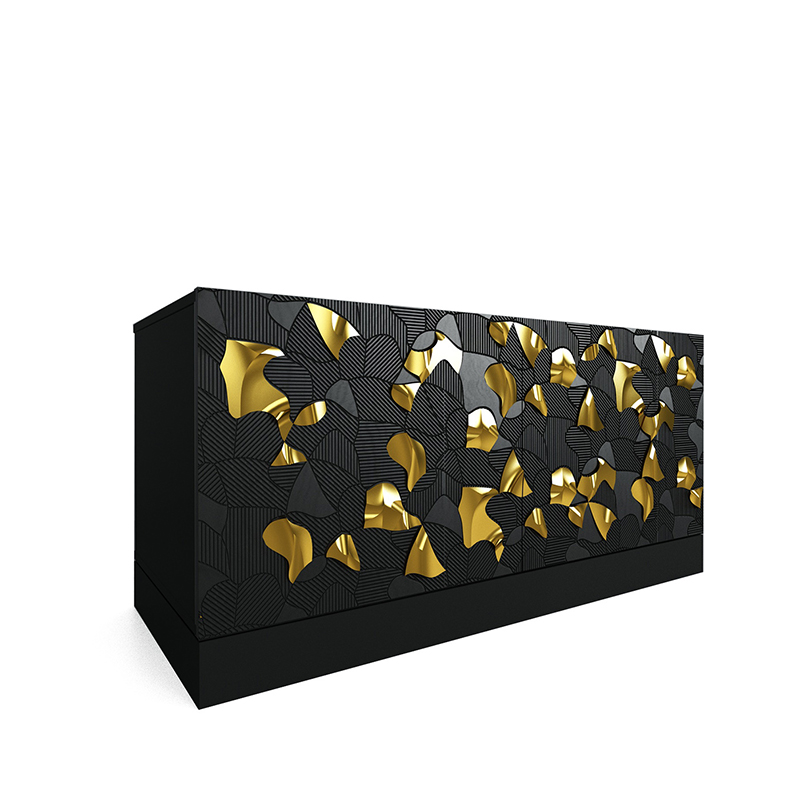 Комод малый инкрустированный золотым орнаментом Wooden Petals Gold Черный Серый Комод малый инкрустированный золотым орнаментом Wooden Petals Gold Черный Серый в Липецке | Loft Concept
