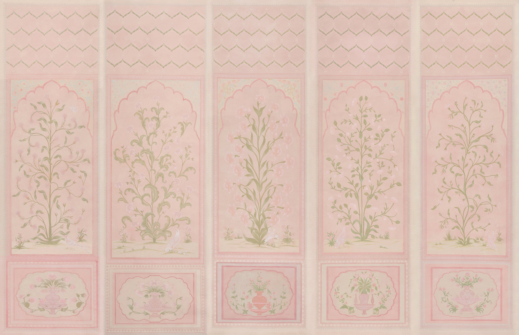 Обои ручная роспись Jharokha Arches Original colourway on pink painted Xuan paper Обои ручная роспись Jharokha Arches Original colourway on pink painted Xuan paper - постер Loft-Concept в Липецке