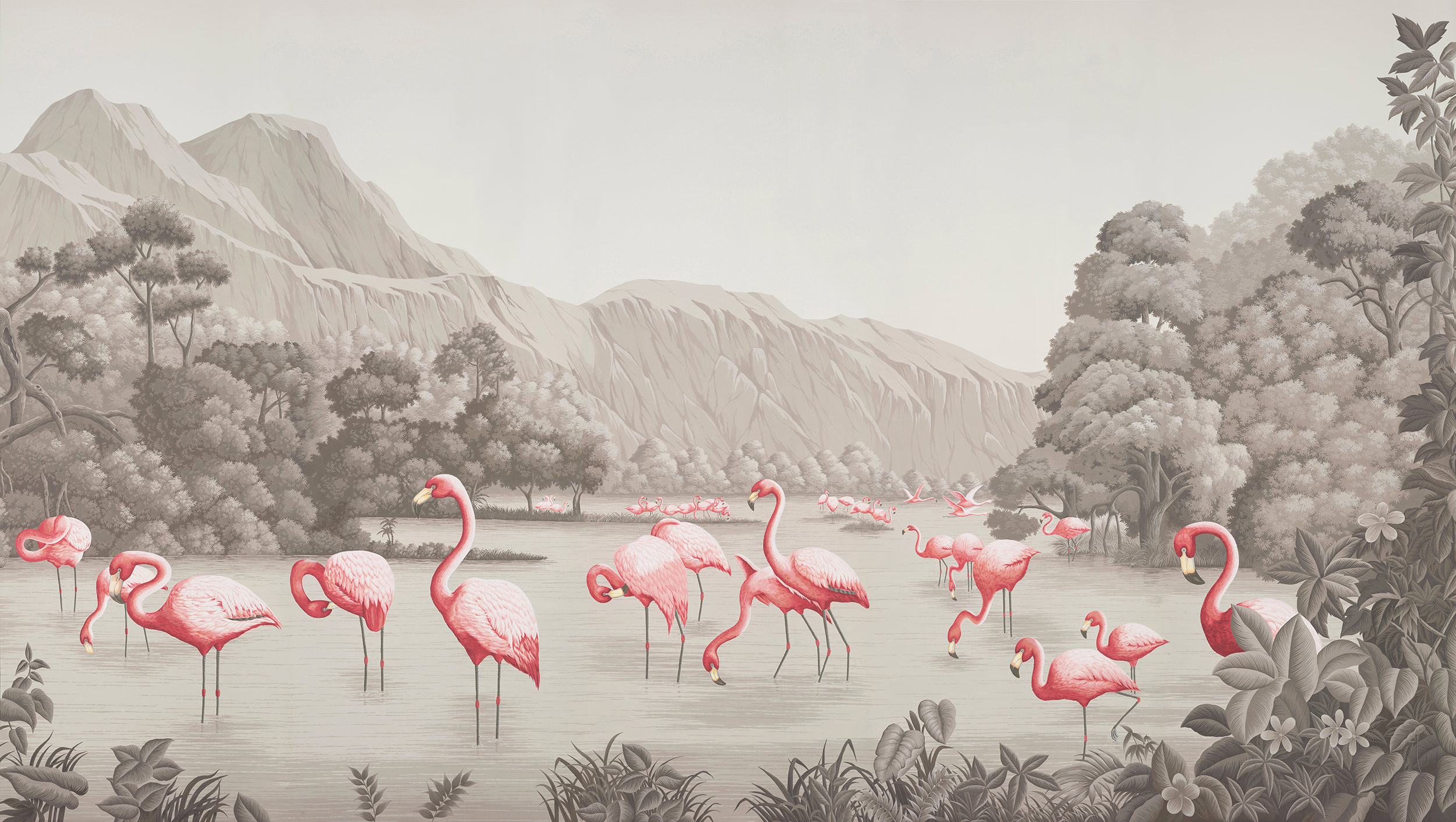 Обои ручная роспись Flamingos Flamingo on Eau Forte scenic paper Обои ручная роспись Flamingos Flamingo on Eau Forte scenic paper - постер Loft-Concept в Липецке