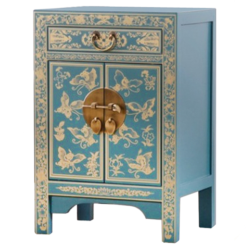 Светло-бирюзовая тумба в Китайском стиле ручная роспись Light Turquoise Chinese Nightstand Бирюзовый Золотой в Липецке | Loft Concept 