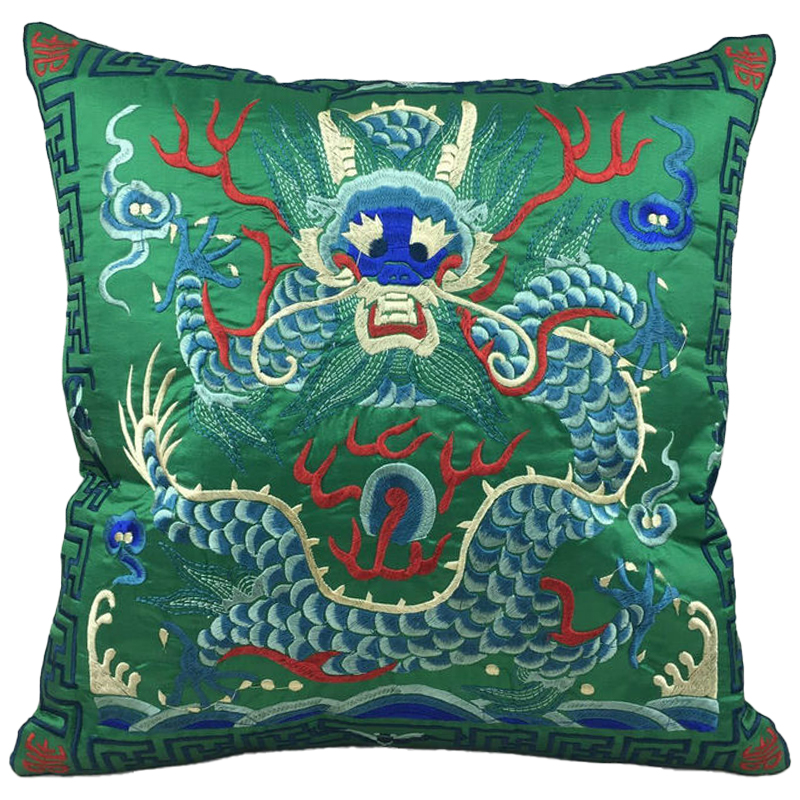 Декоративная подушка с вышивкой Chinese Dragon Green Зеленый Мульти Декоративная подушка с вышивкой Chinese Dragon Green Зеленый Мульти в Липецке | Loft Concept