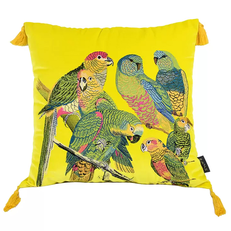 Декоративная подушка с вышивкой Embroidery Parrots Pillow Yellow Желтый Мульти Декоративная подушка с вышивкой Embroidery Parrots Pillow Yellow Желтый Мульти в Липецке | Loft Concept