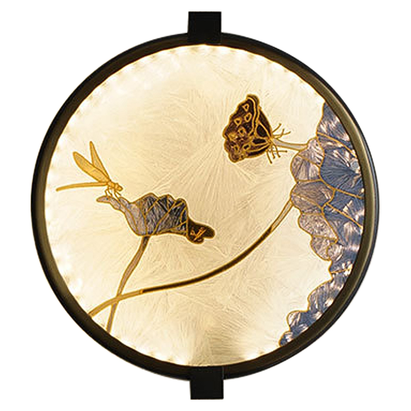 Настенный светильник Lotus Flowers and Dragonfly Round Wall Lamp Черный Латунь Бежевый Серый Настенный светильник Lotus Flowers and Dragonfly Round Wall Lamp Черный Латунь Бежевый Серый в Липецке | Loft Concept