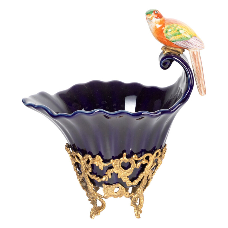 Чаша темно-синего цвета из фарфора с разноцветной птичкой Eden Garden porcelain and bronze Темно-синий Бронза Мульти в Липецке | Loft Concept 