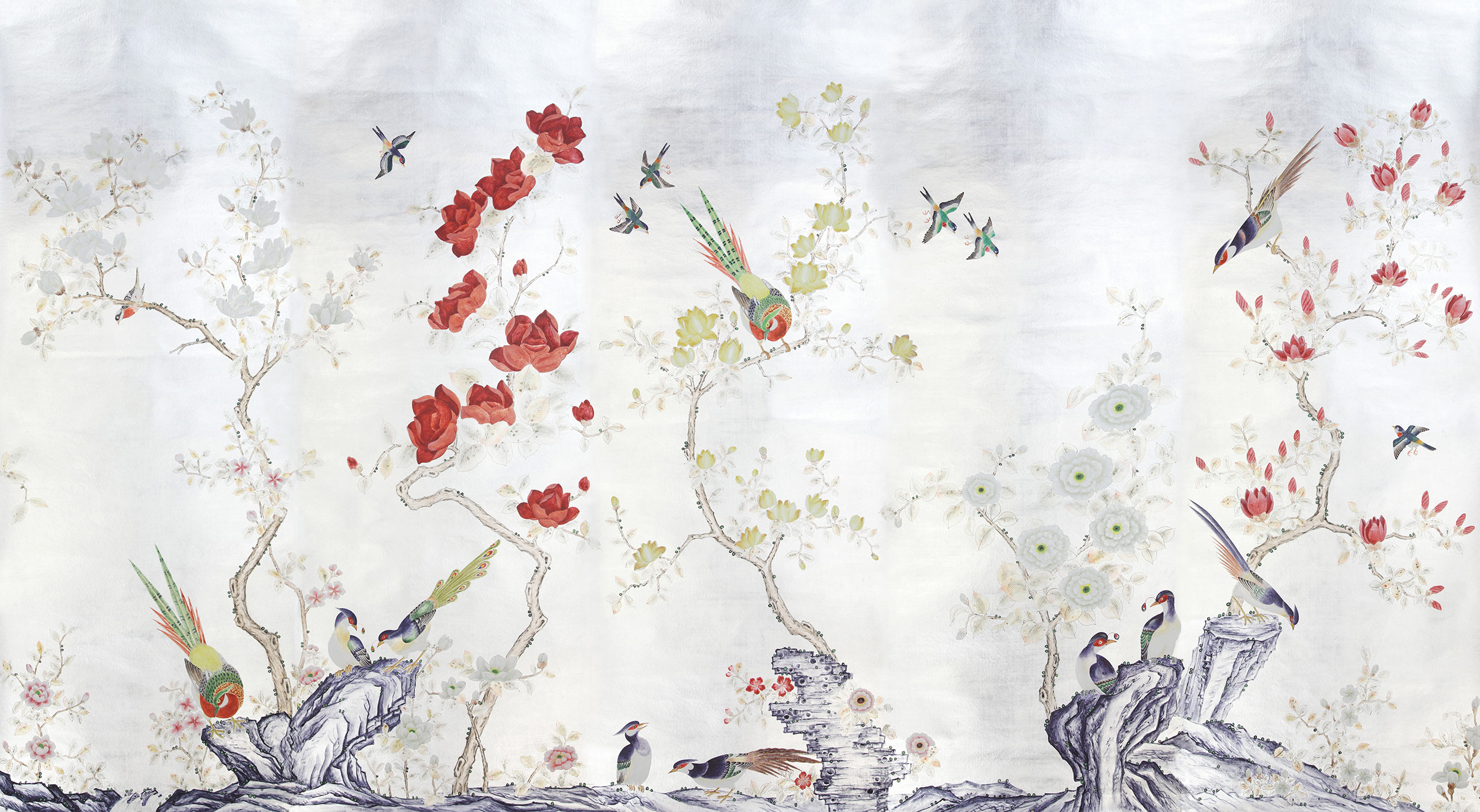 Обои шинуазри Japanese Garden Original colourway on Sterling Silver gilded Xuan paper Обои шинуазри Japanese Garden Original colourway on Sterling Silver gilded Xuan paper - постер Loft-Concept в Липецке
