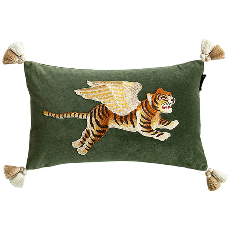 Декоративная подушка с вышивкой Стиль Gucci Winged Tiger Cushion Зеленый Оранжевый Золотой Декоративная подушка с вышивкой Стиль Gucci Winged Tiger Cushion Зеленый Оранжевый Золотой в Липецке | Loft Concept