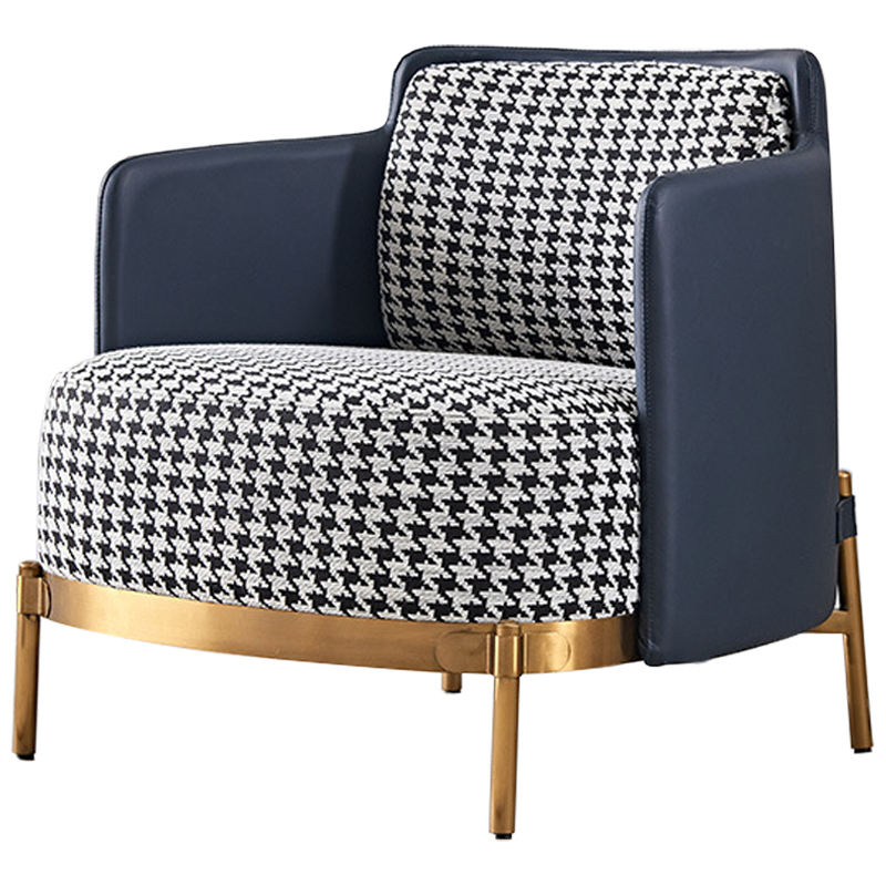 Кресло Pied de Poule Blue Armchair Синий Латунь Черно-белый Кресло Pied de Poule Blue Armchair Синий Латунь Черно-белый в Липецке | Loft Concept