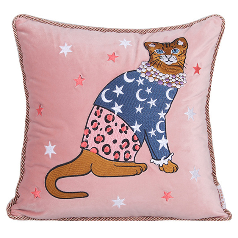 Декоративная подушка с вышивкой Magic Cat Embroidery Cushion Розовый Синий Оранжевый Мульти Декоративная подушка с вышивкой Magic Cat Embroidery Cushion Розовый Синий Оранжевый Мульти в Липецке | Loft Concept