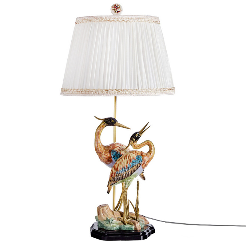 Настольная лампа с абажуром и основанием в виде двух цапель Porcelain Heron Lamp Белый Мульти Бронза в Липецке | Loft Concept 