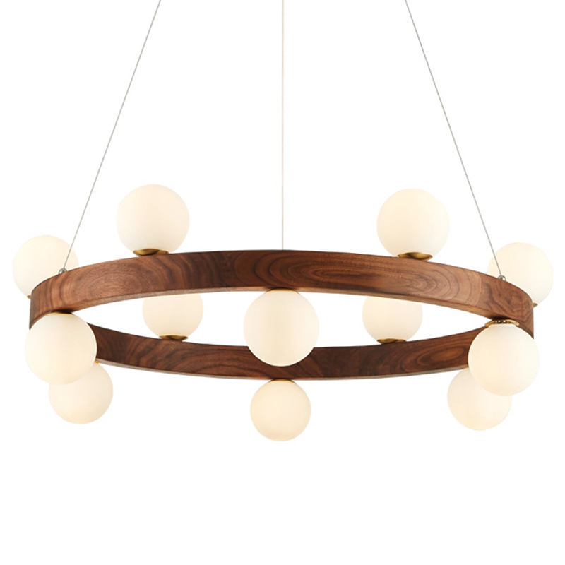 Люстра из дерева с белыми плафонами GRAND Wooden Chandelier Белое матовое стекло Коричневый Латунь Люстра из дерева с белыми плафонами GRAND Wooden Chandelier Белое матовое стекло Коричневый Латунь в Липецке | Loft Concept