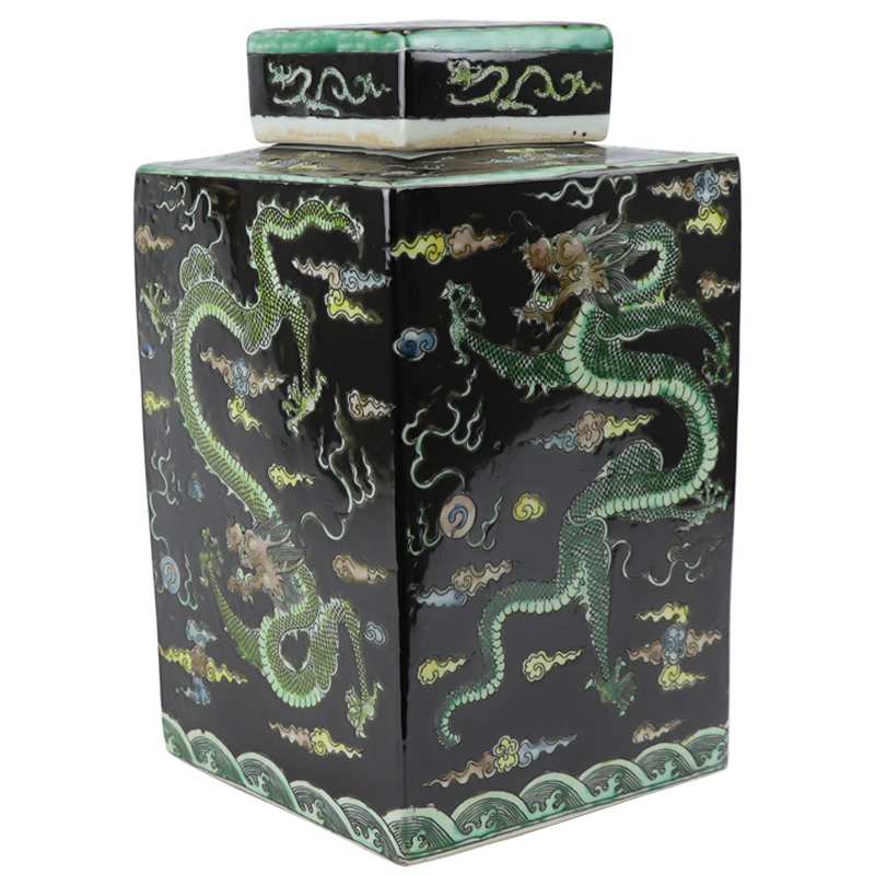 Ваза с крышкой квадратная Green Dragon Black Vase Черный Зеленый Желтый Светло-синий в Липецке | Loft Concept 